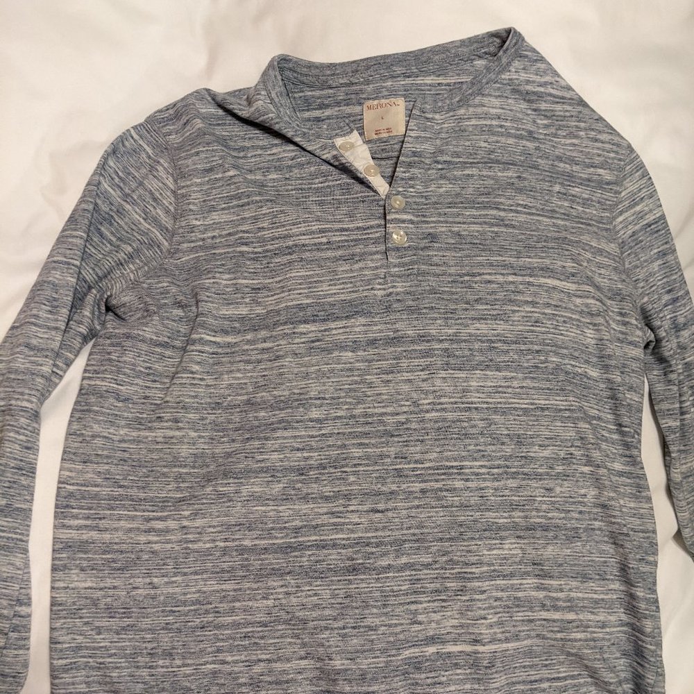 Men's Henley Long Sleeve Shirt Grey Stripes Large